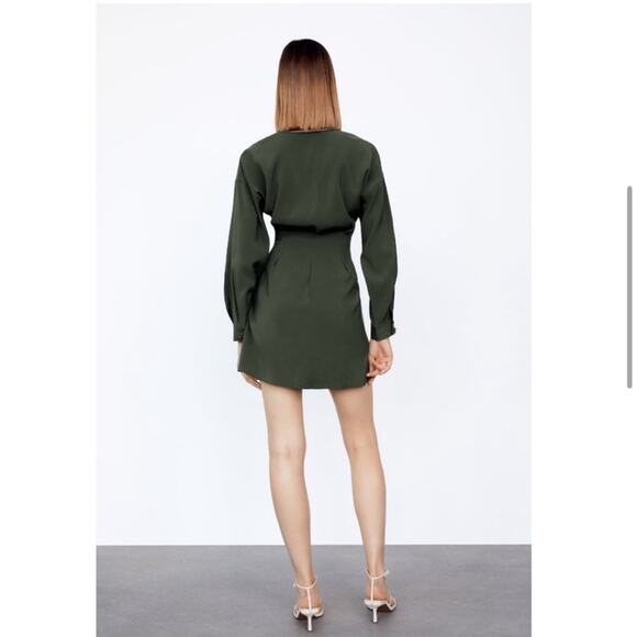 Zara V Neck Lace Up Corset Long Sleeves Flowy Mini Dress Khaki Green Size Large - Picture 3 of 14